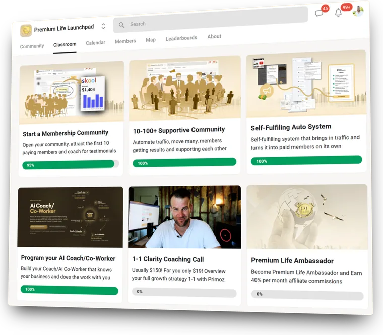 The classroom of Premium Life Launchpad on Skool, the community of the Free Toolkit, with its courses